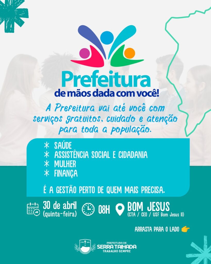 Banner da ação Prefeitura de Mãos Dadas com Você no Bom Jesus, dia 30 de abril.