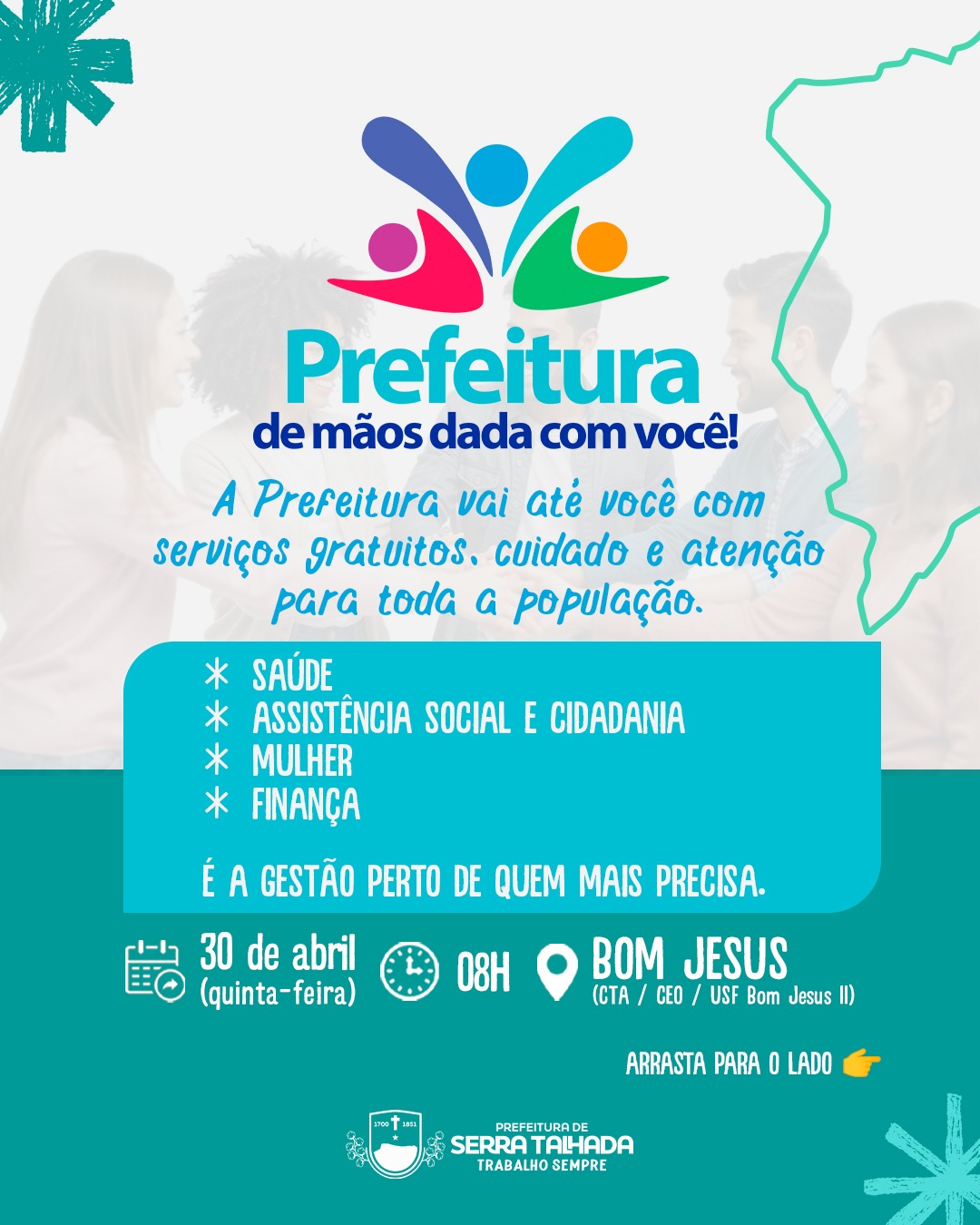 Banner da ação Prefeitura de Mãos Dadas com Você no Bom Jesus, dia 30 de abril.